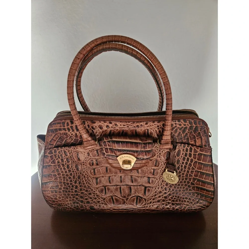 Brahmin Satchel Women Medium Pecan Brown Good Croc Embossed Leather Handbag